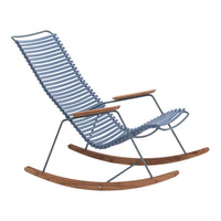 Blue-striped rocking chair with wooden armrests and curved natural wood base, perfect for stylish relaxation.