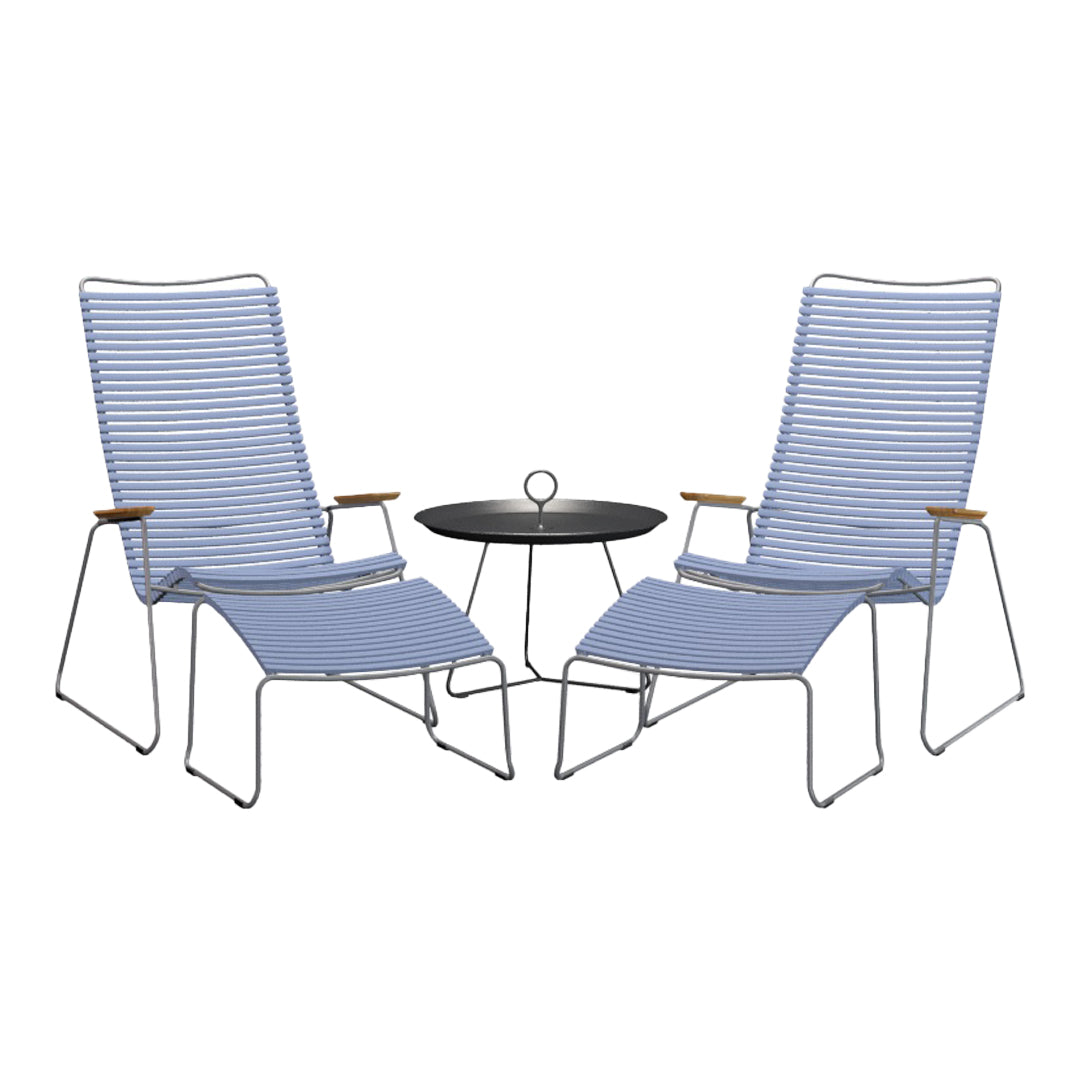 Blue and white striped outdoor chairs with wooden armrests, paired with a black circular side table.