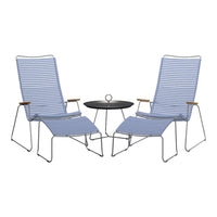 Blue and white striped outdoor chairs with wooden armrests, paired with a black circular side table.