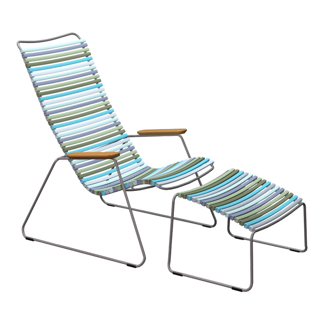 Striped lounge chair in blue, green, and white with wooden armrests, perfect for outdoor relaxation.