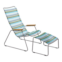 Striped lounge chair in blue, green, and white with wooden armrests, perfect for outdoor relaxation.