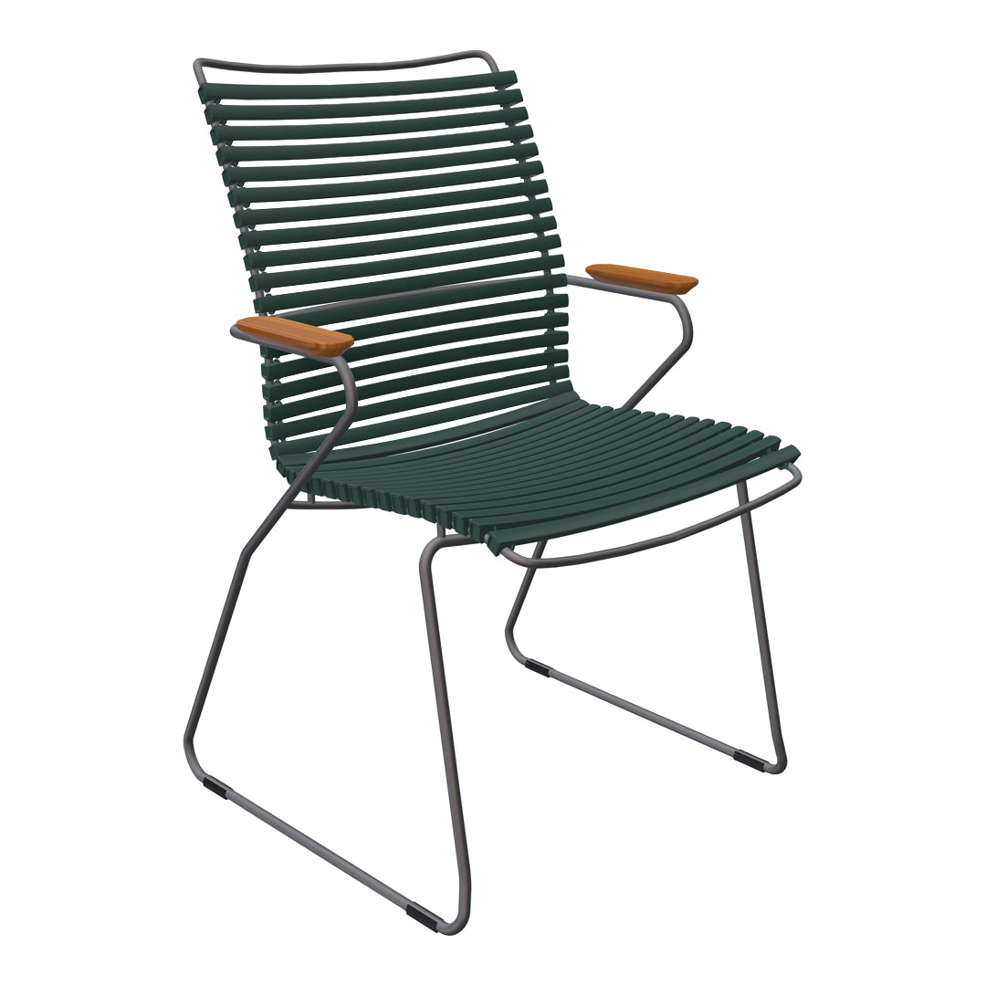 Green striped chair with wooden armrests, featuring a minimalist design and sleek metal frame. Ideal for outdoor use.