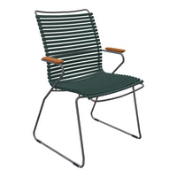 Green striped chair with wooden armrests, featuring a minimalist design and sleek metal frame. Ideal for outdoor use.