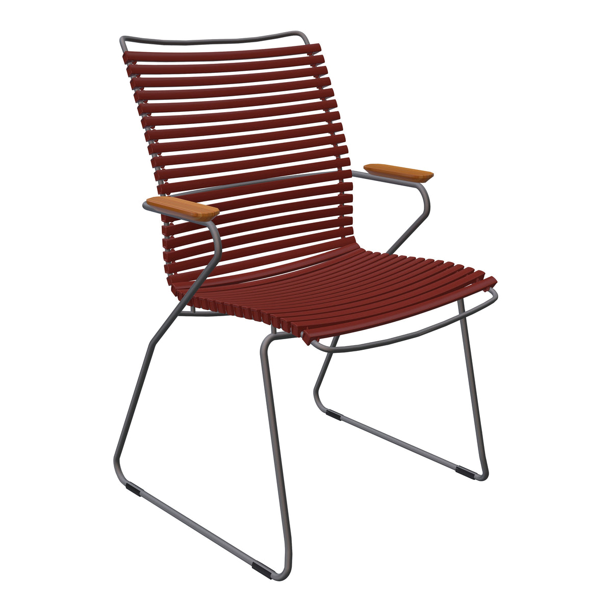 Rust-colored striped chair with sleek metal frame and wooden armrests, offering a modern aesthetic.