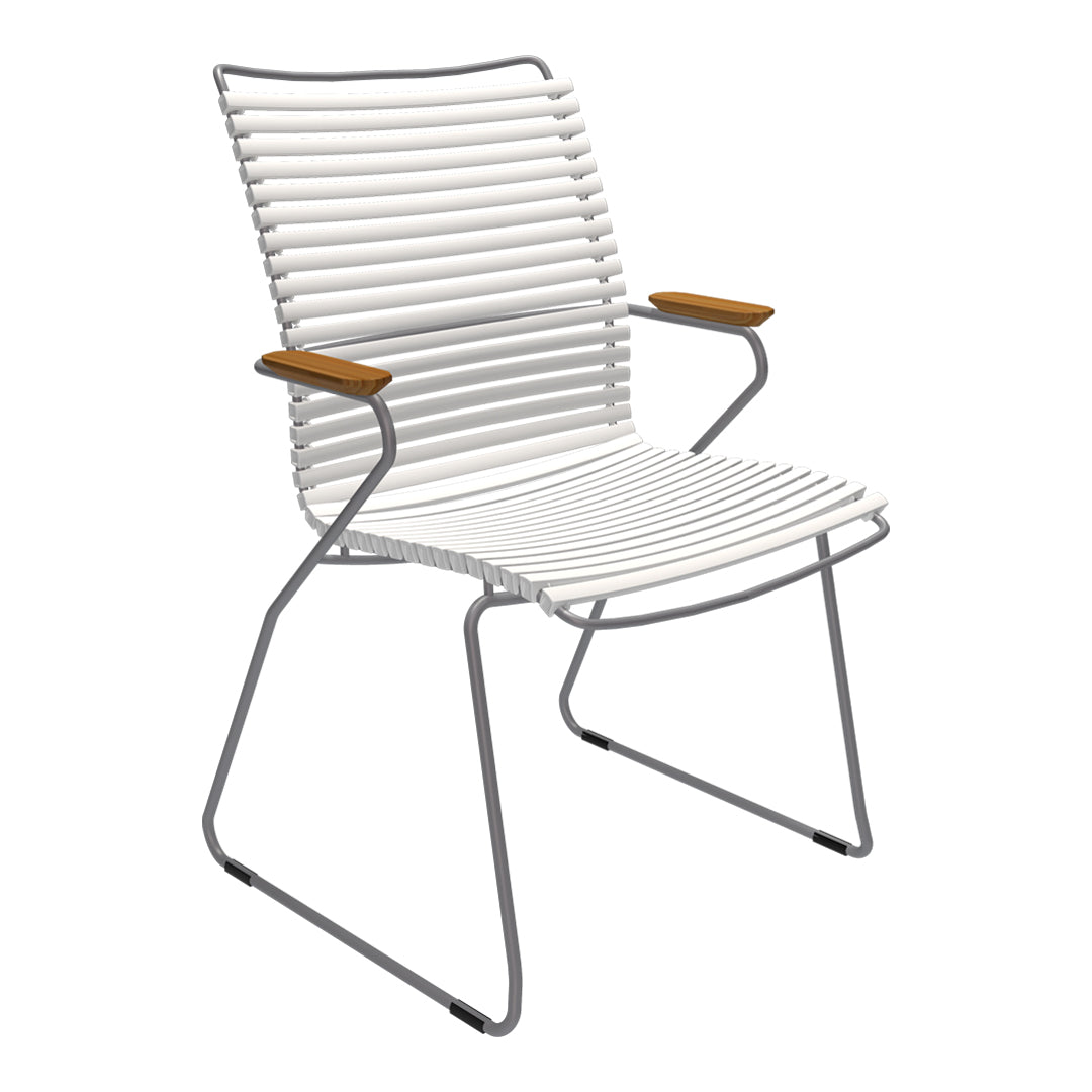 White striped chair with wooden armrests and a sleek metal frame, ideal for modern outdoor decor.