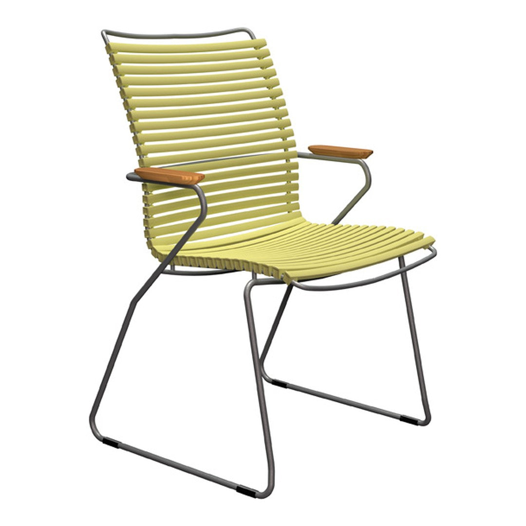 Lime green striped chair with wooden armrests and a sleek metal frame, perfect for modern outdoor seating.