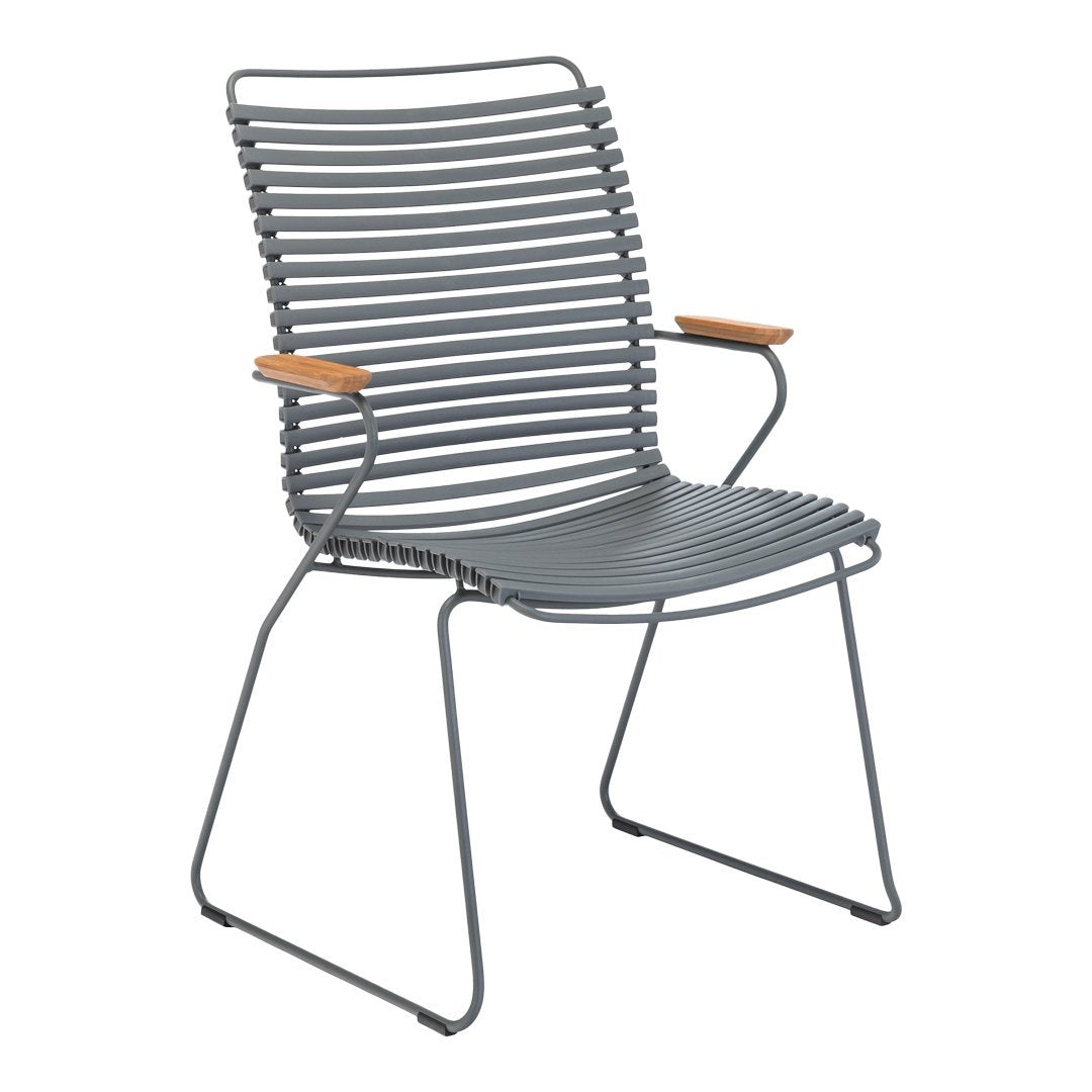 Gray striped chair with wooden armrests, featuring a modern, minimalist design. Perfect for any contemporary space.