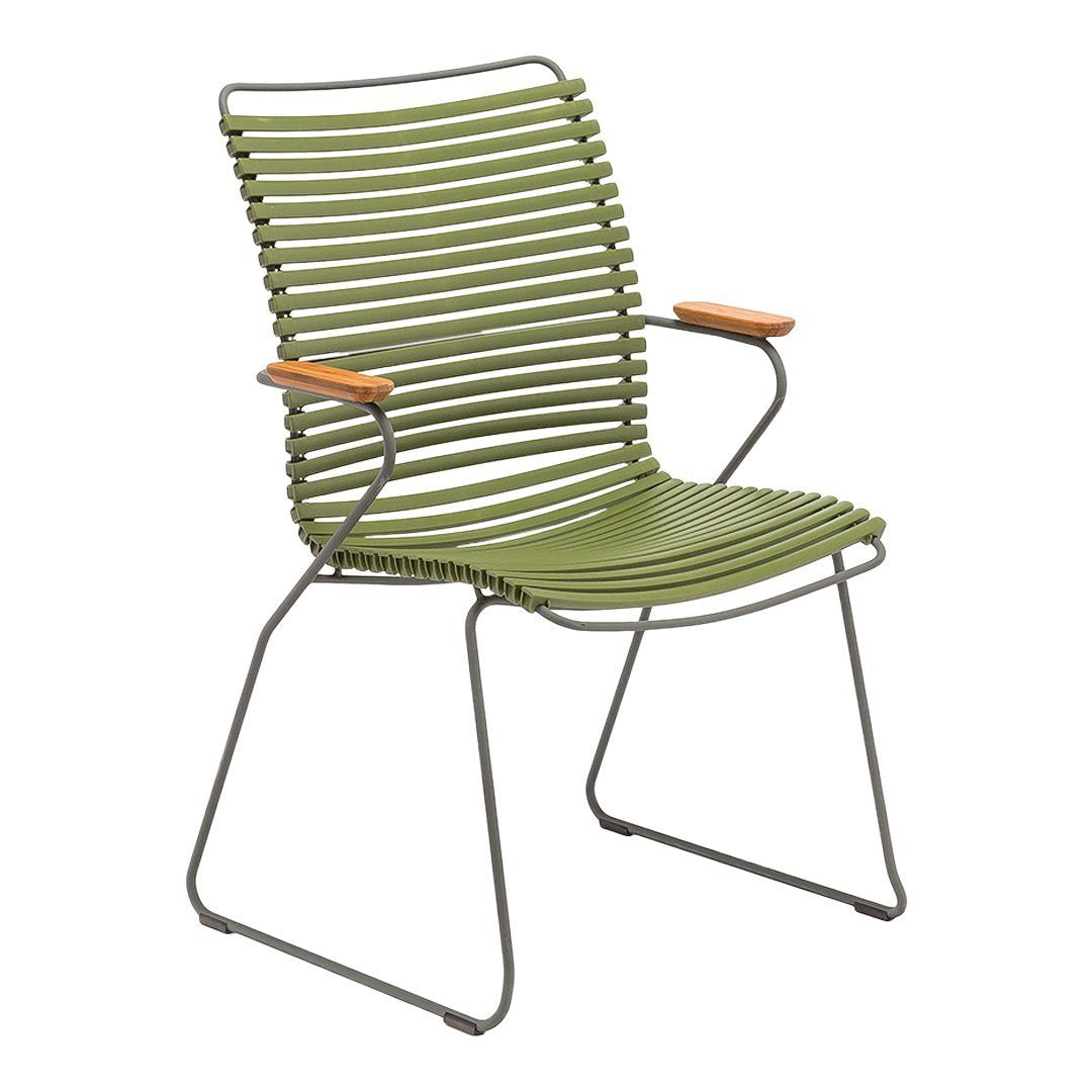 Green striped chair with sleek metal frame and wooden armrests, perfect for modern outdoor decor.