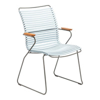 Light blue striped chair with wooden armrests, featuring a modern and sleek design. Perfect for outdoor or indoor use.
