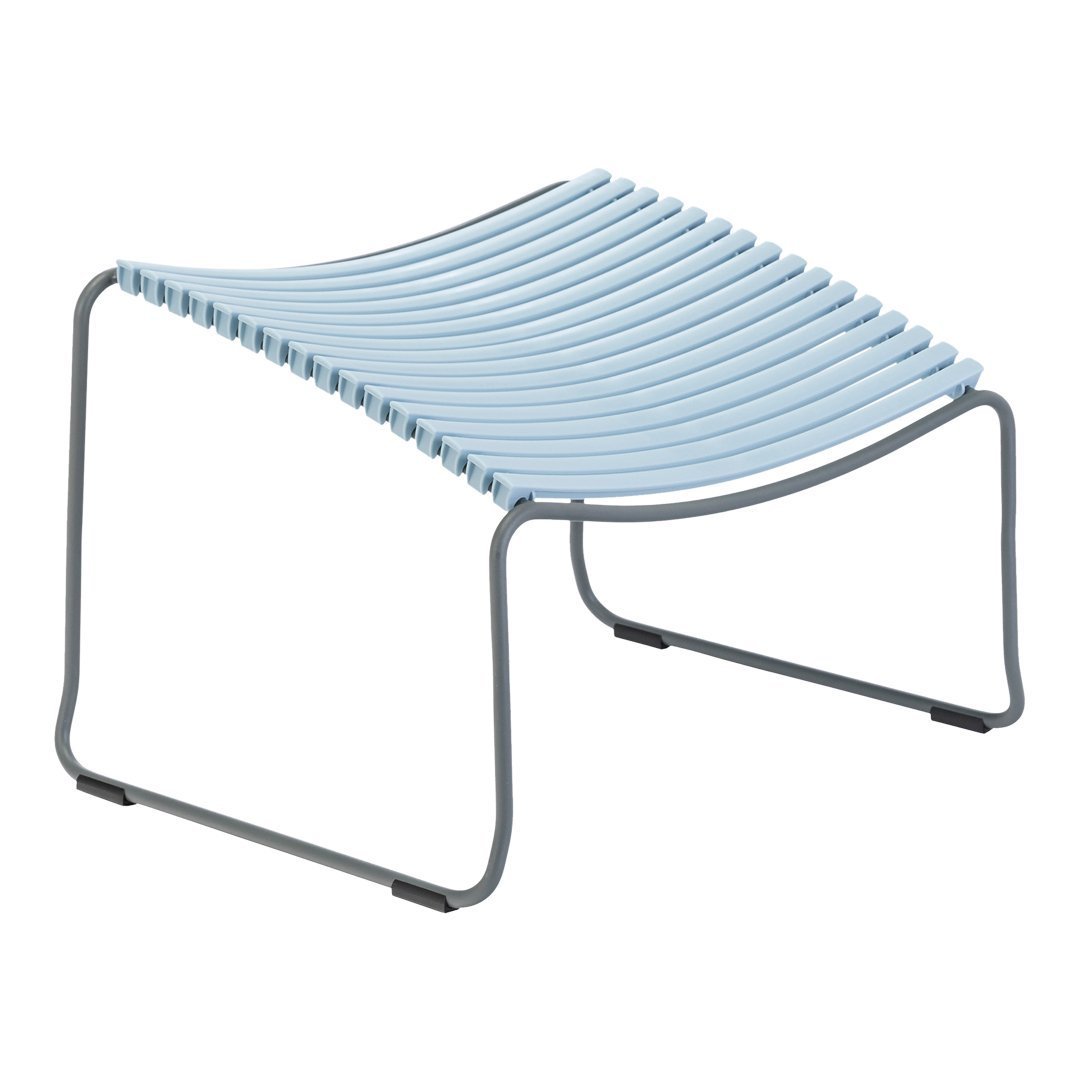 Light blue slatted design lounge chair with a sleek gray metal frame. Perfect for modern outdoor spaces.