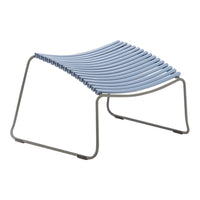 Blue slatted design chair with a sleek gray metal frame, perfect for modern decor.