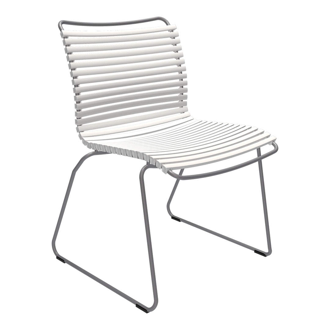 White striped dining chair with a sleek silver frame, modern and minimalist design. Perfect for contemporary spaces.