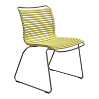 Yellow striped chair with sleek metal frame, perfect for modern decor and outdoor settings.