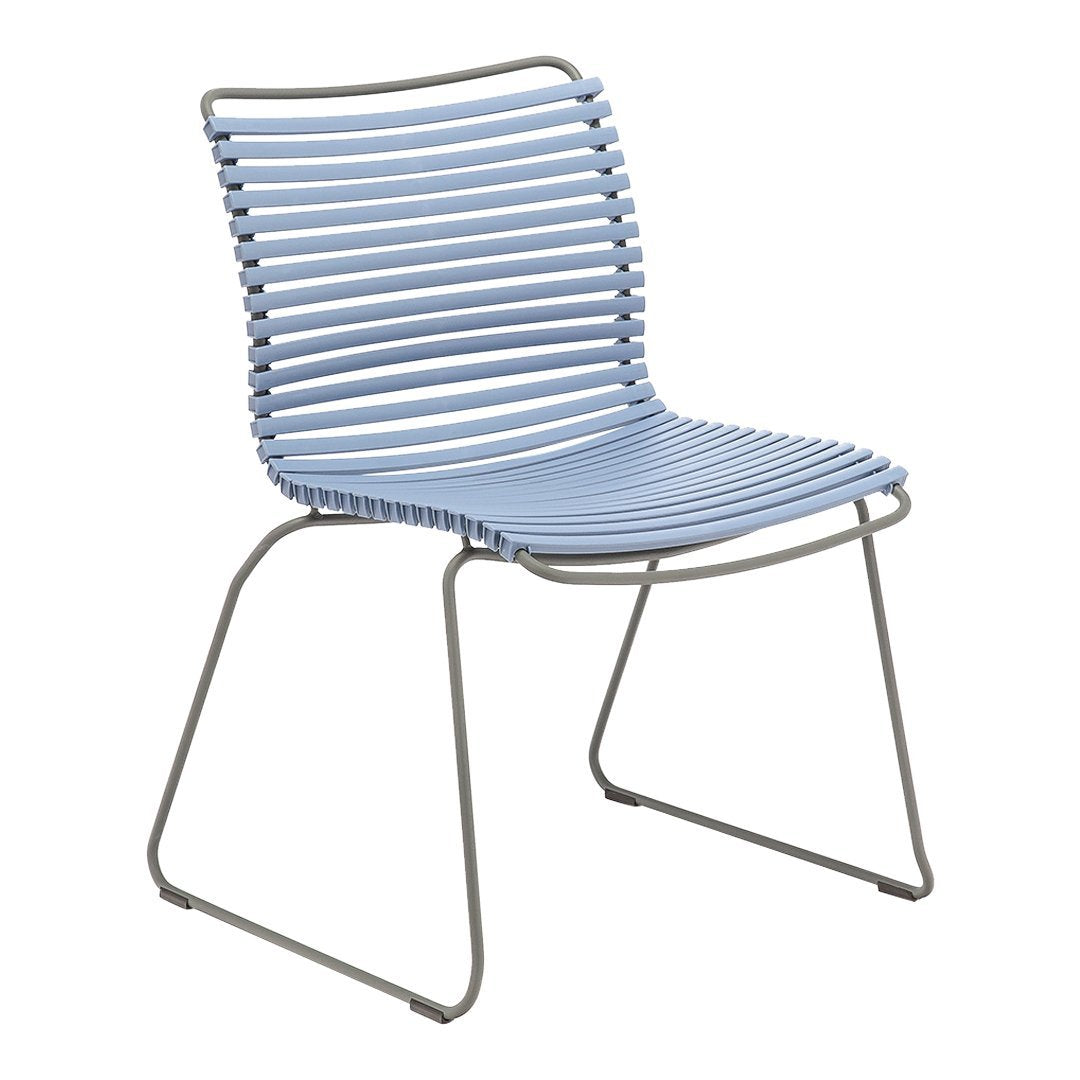 Light blue striped chair with a sleek metal frame, perfect for modern outdoor or indoor spaces.