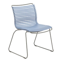 Light blue striped chair with a sleek metal frame, perfect for modern outdoor or indoor spaces.