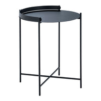 Black metal side table with a circular top and minimalistic design. Ideal for modern decor.