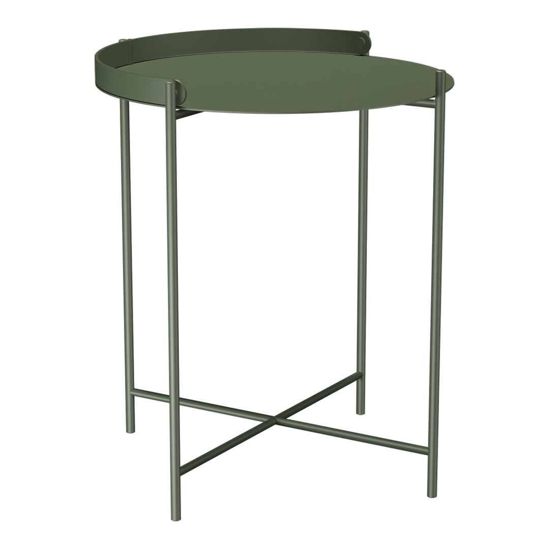 Olive green round accent table with sleek metal legs, featuring a minimalist, modern design.