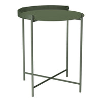 Olive green round accent table with sleek metal legs, featuring a minimalist, modern design.