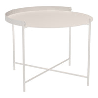 Round white side table with a sleek design and minimalist style, featuring a smooth tabletop and sturdy metal legs.