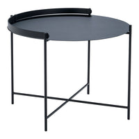 Black round table with sleek metal legs and minimalistic design, showcasing a modern, monochrome aesthetic.