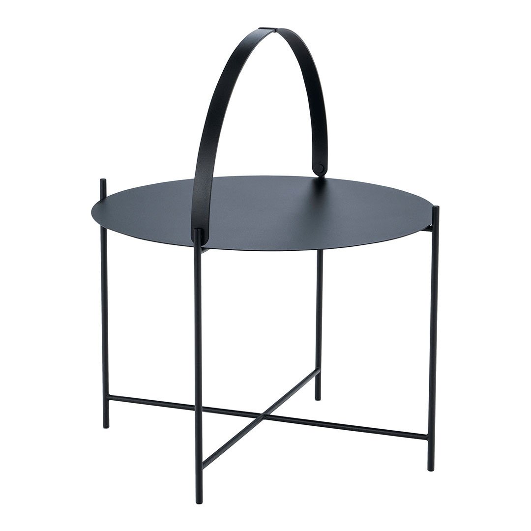 Black metal side table with a sleek circular top and minimalist handle design. Ideal for modern decor accents.