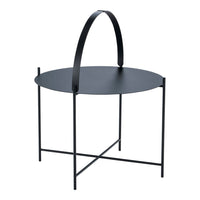 Black metal side table with a sleek circular top and minimalist handle design. Ideal for modern decor accents.