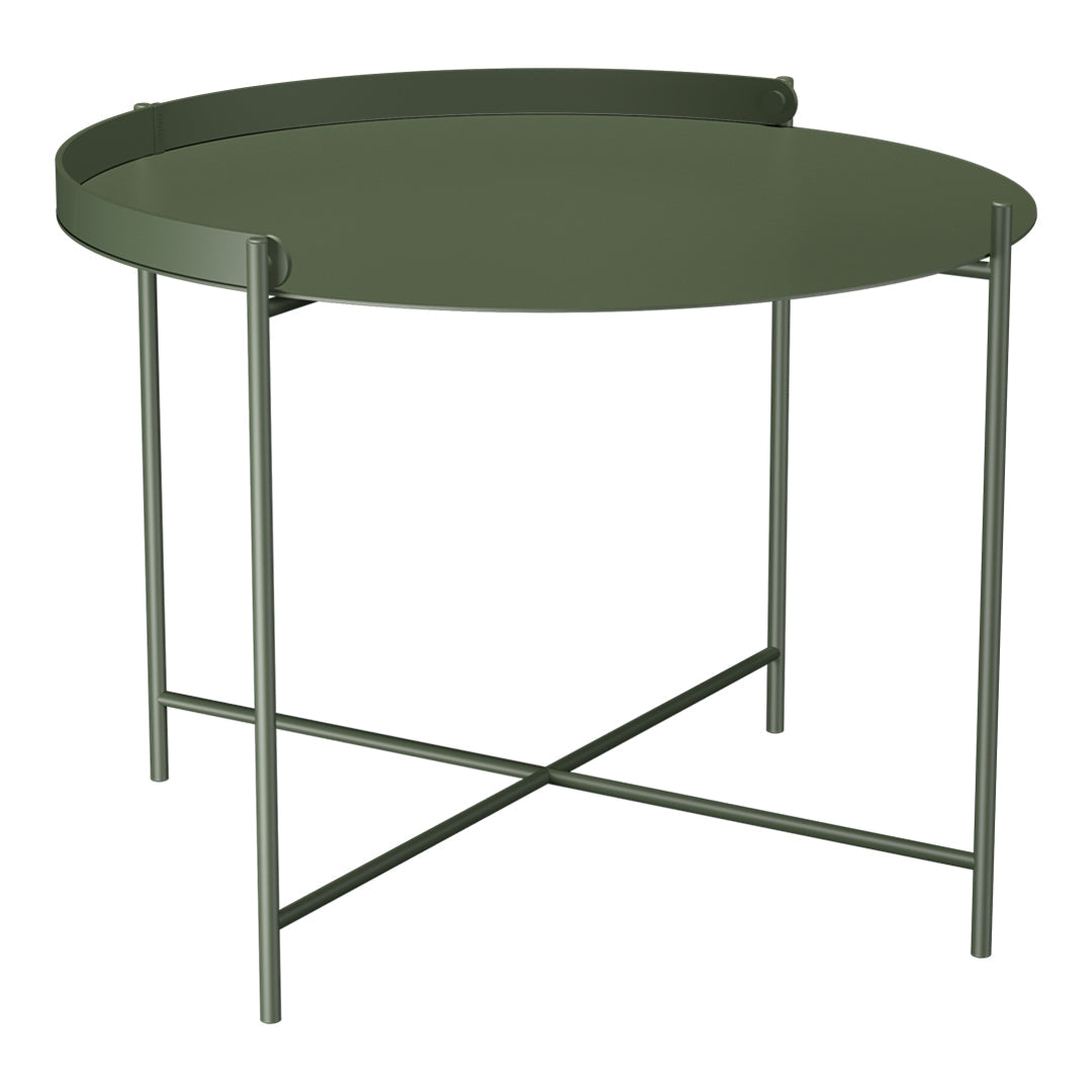 Round green side table with a sleek, solid surface and minimalist metal legs, perfect for any modern decor.