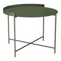 Round green side table with a sleek, solid surface and minimalist metal legs, perfect for any modern decor.