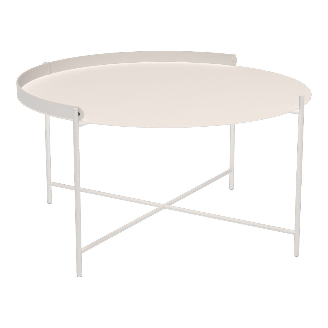 Round coffee table with a smooth white surface and sleek white metal legs, featuring a minimalistic design.
