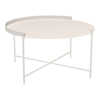 Round coffee table with a smooth white surface and sleek white metal legs, featuring a minimalistic design.