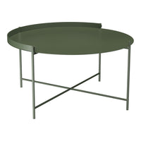 Round green metal coffee table with a sleek design and a raised edge, featuring a cross-frame base for stability.