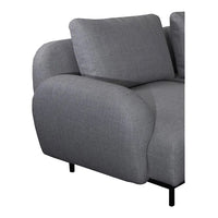 Gray upholstered couch with soft, rounded shapes and minimalistic black metal legs. Ideal for modern decor.