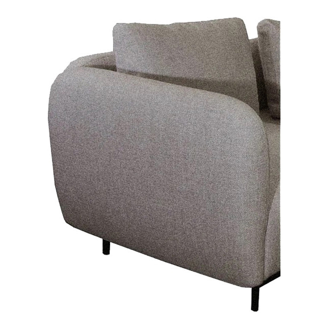 Light gray upholstered armchair with a smooth, textured fabric and minimalist black legs. Features modern, rounded edges.