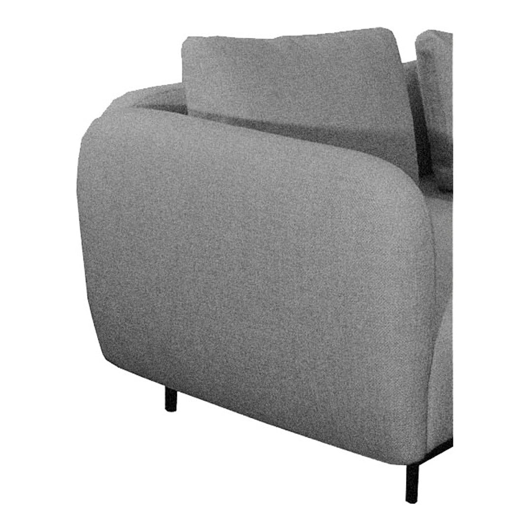 Gray upholstered armchair with a smooth texture and minimalist black metal legs. Modern design perfect for any decor.