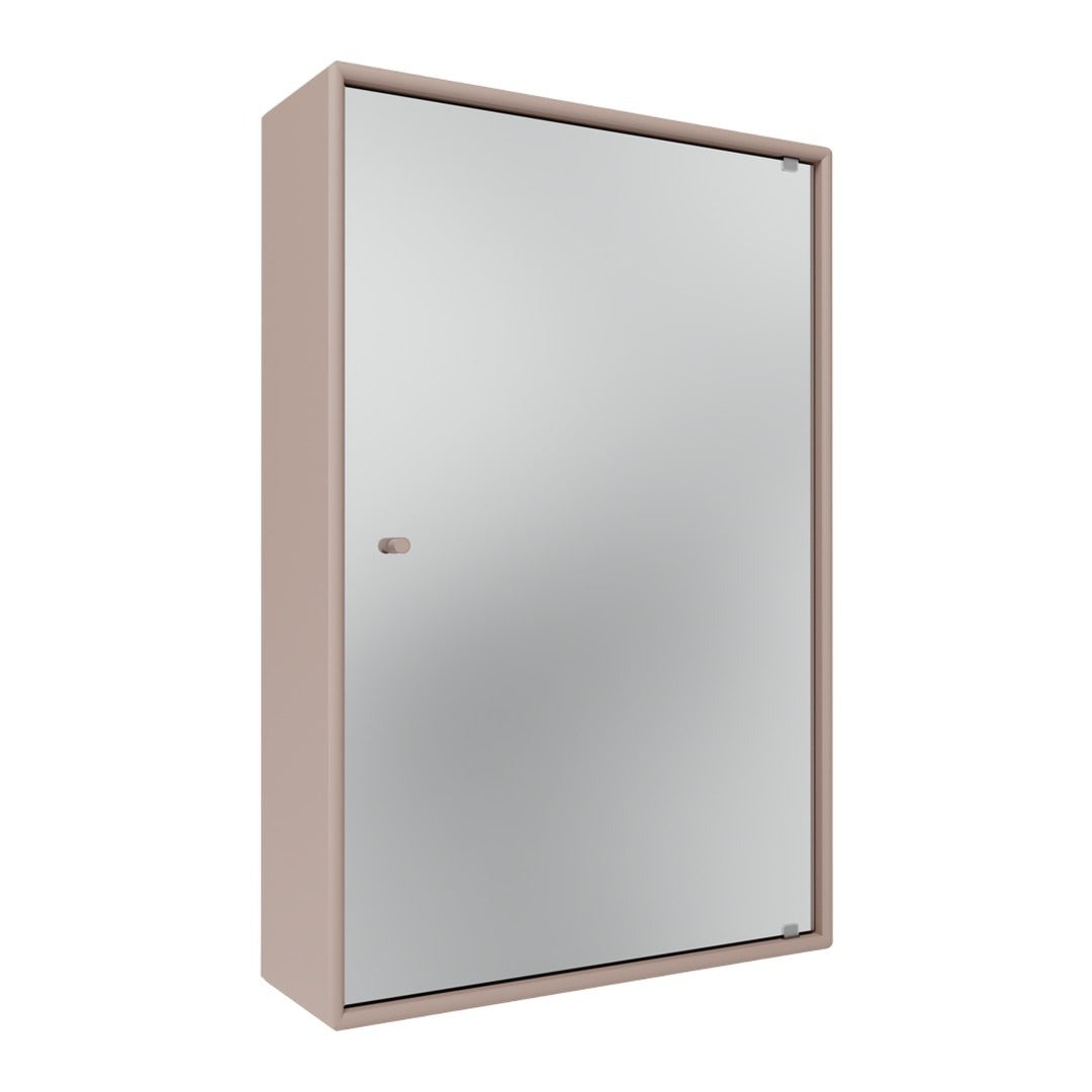 Rose gold cabinet with a sleek mirrored front, featuring a minimalist design and smooth surfaces.