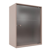 Blush pink cabinet with sleek, vertical ribbed glass door and minimalist design, perfect for modern interiors.