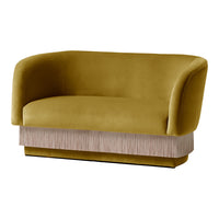 Olive green plush sofa with a textured beige fringe detail at the base, adding elegance and depth to the design.