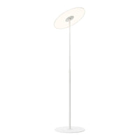 Sleek white floor lamp with a circular shade, featuring a modern minimalist design and smooth finish.