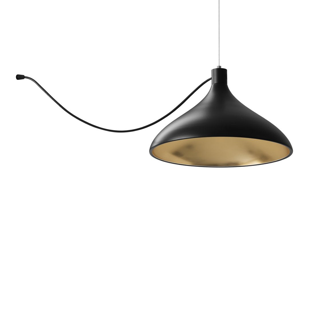 Black pendant lamp with a gold interior and a sleek, minimalist design. Perfect for modern decor.
