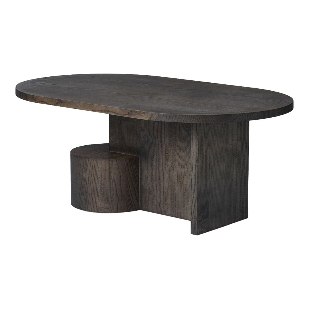 Dark wood oval coffee table with smooth surface and minimalist design, featuring a cylindrical base for added contrast.