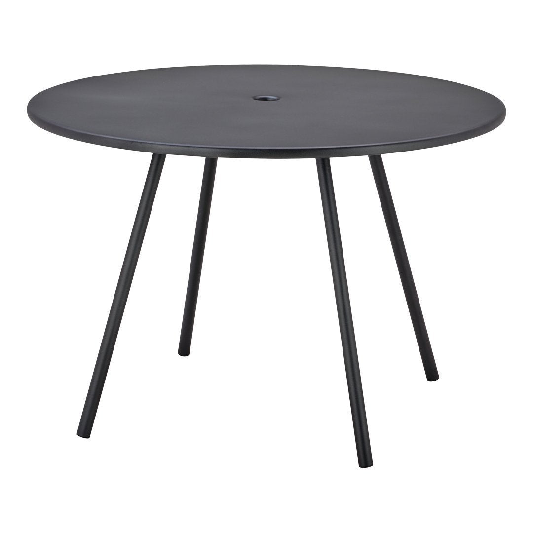 Round black table with a smooth matte finish and three slender legs, perfect for modern decor.