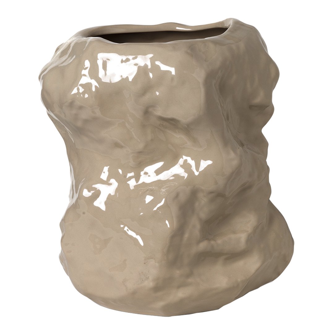 Beige textured ceramic vase with a glossy finish and organic, sculptural shape. Perfect for modern decor.