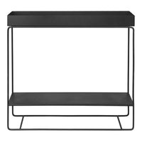 Sleek black metal console table with a minimalist design and open shelving. Modern and elegant style for any space.