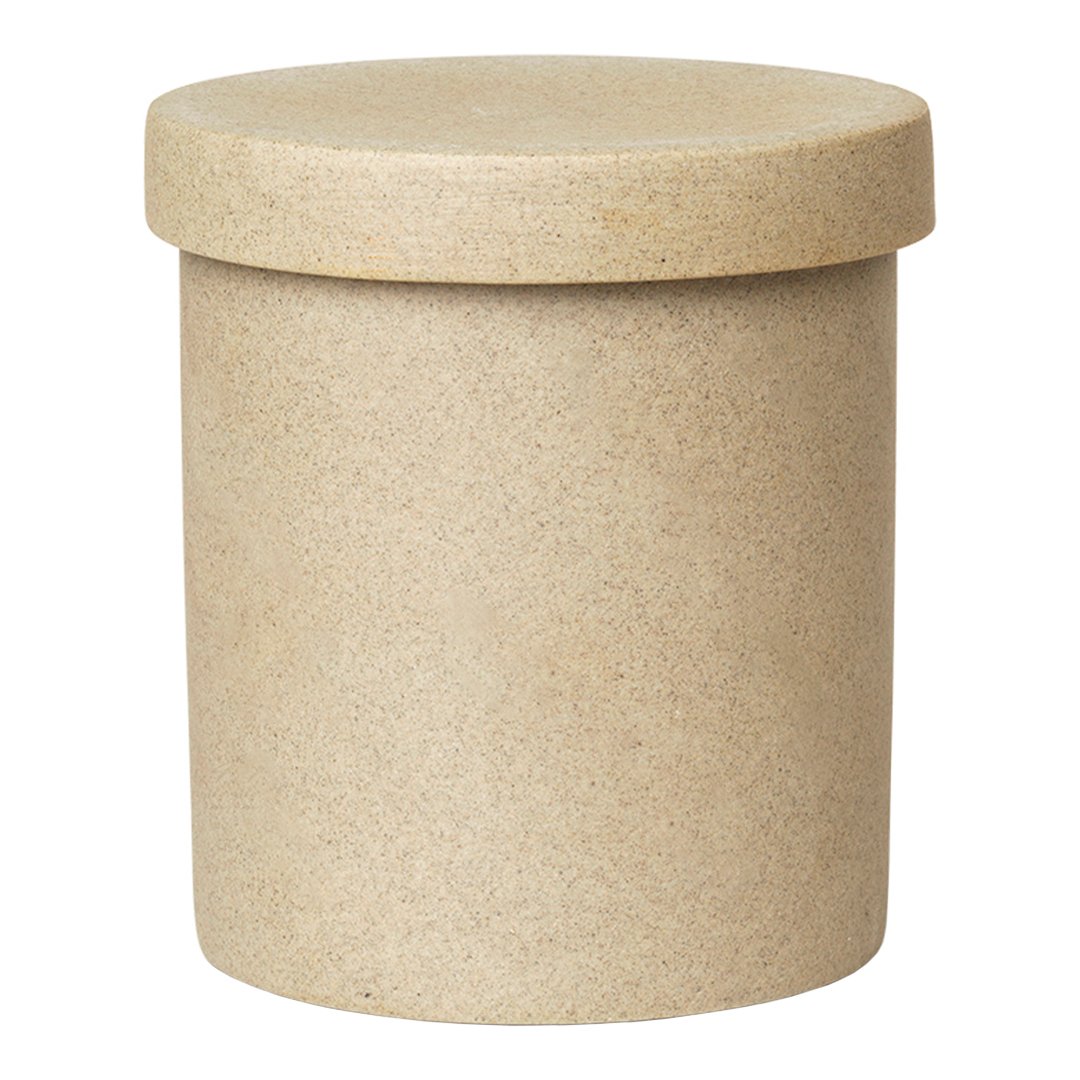 Beige cylindrical container with a smooth, matte finish and a matching lid, featuring a simple, minimalistic design.