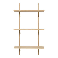 Natural wood shelving unit with clean lines and three spacious, horizontal shelves. Perfect for minimalist decor.