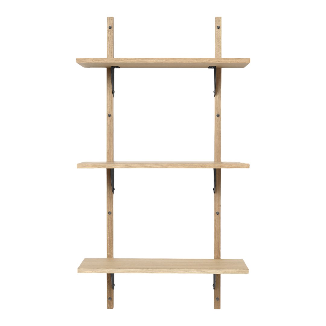 Light wood wall shelf with three horizontal shelves and minimalistic design, featuring natural grain patterns.