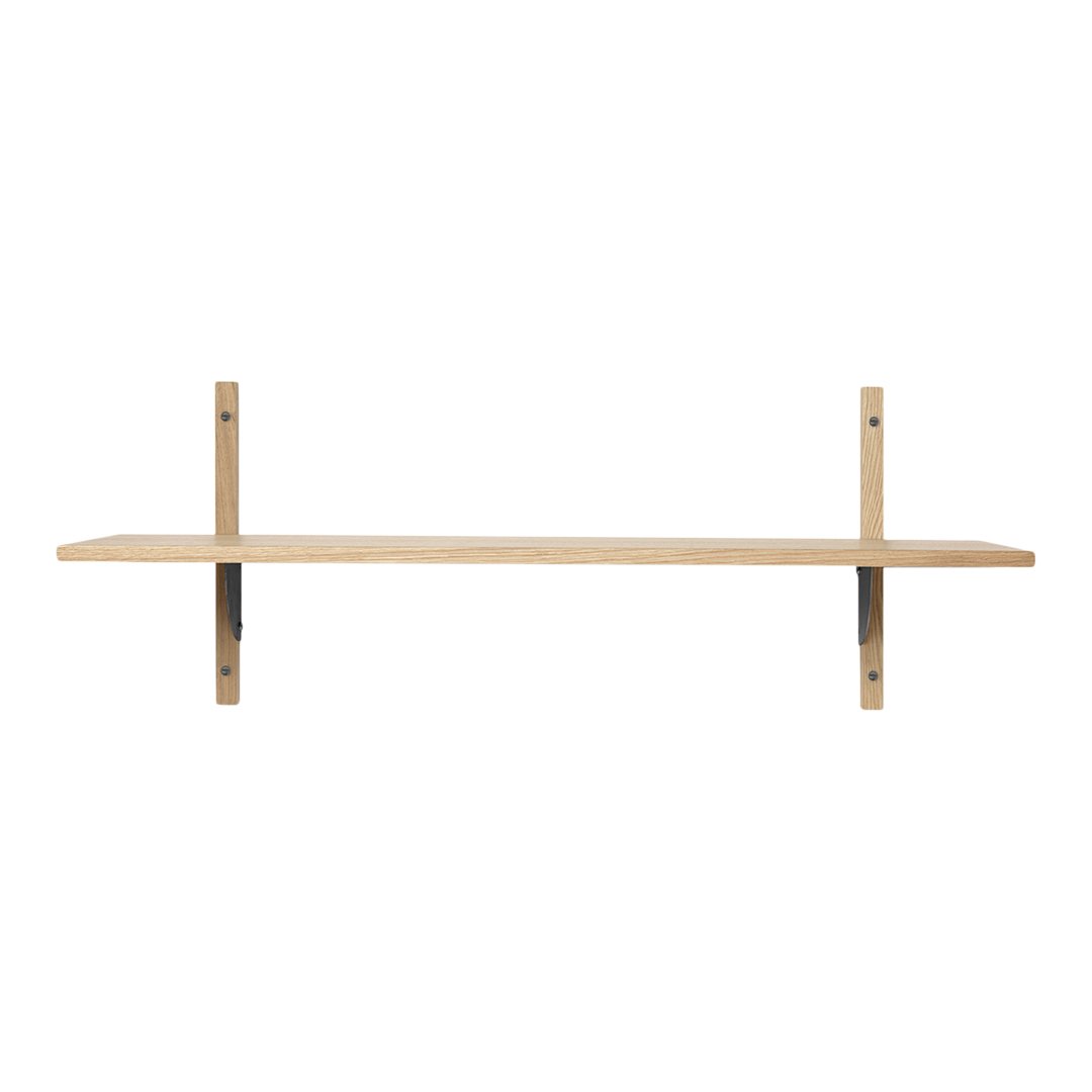 Light wood shelf with a minimalist design, featuring natural grain patterns and neutral-colored metal brackets.
