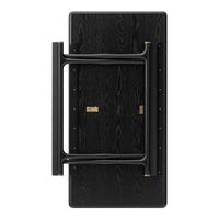Black folding table with a textured wood finish and sleek black metal legs, accented by gold hardware details.