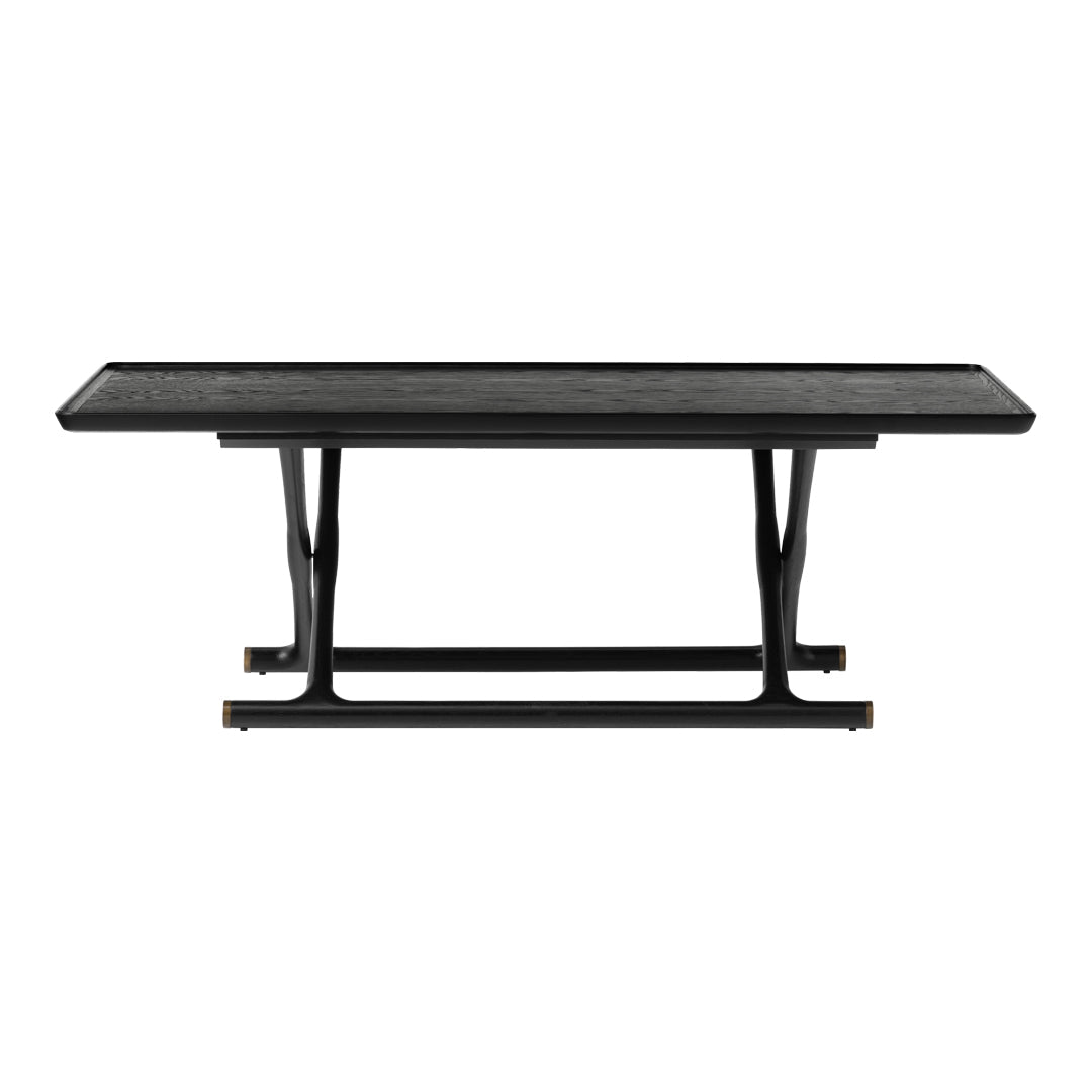 Black rectangular table with a smooth surface and black metal frame. Modern design with minimalist elegance.