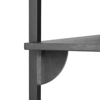 Black wooden shelf with a sleek, minimalist design and subtle curved support accents. Modern and stylish.